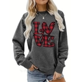 Detail of red buffalo plaid heart print and LOVE lettering on gray long sleeve sweatshirt - S / Plaid LOVE Letter Style (Dark Gray 566)
