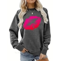 Detail of pink lip print on dark grey crewneck sweatshirt with drop shoulder sleeves - S / Dark Gray Lip Print (396)