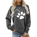 Oversized dark grey long sleeve sweatshirt with white heart and paw print graphic for women - S / Heart Paw Print Style (Dark Gray 967)