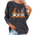 Women's dark gray Halloween sweatshirt with cute gnomes and pumpkin festive print - S / Gnome Print Top (2004) / Dark Gray