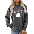 Detail of white paw print with red hearts on dark gray loose long-sleeve sweatshirt - S / Tops / Dark Gray (White Paw Print Red Heart) (2115)