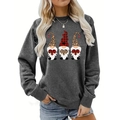 Detail of grey sweatshirt featuring heart gnome prints with leopard and plaid patterns - S / Three Gnomes Combo Style (Dark Gray 1002)