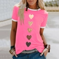 T-shirt da donna rosa acceso con stampe a cuore e bordi bianchi a contrasto su collo e maniche - Taglia S / Rosa