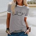 Graues Damen-T-Shirt mit Smile-Aufdruck und weißem Kontrast-Rundhalsausschnitt - S / Grau