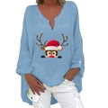 Hellblaues Weihnachts-Oberteil mit V-Ausschnitt, Elch-Druck und Baumwoll-Leinen-Gewebe - S / Oberteil (Weihnachtsrentier) / Himmelblau