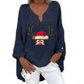 Dunkelblaues Langarmshirt mit V-Ausschnitt und Rentier-Aufdruck für Weihnachten aus Baumwolle - S / Oberteile / Marineblau (Weihnachtsrentier)