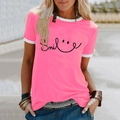 Women's summer bright pink T-shirt with smile print and white contrast trim - S / Pink