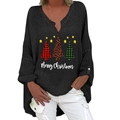 Damen V-Ausschnitt Langarmhemd in Schwarz mit drei Weihnachtsbäumen und Schriftzug - S / Oberteile / Schwarz (Drei Weihnachtsbäume)
