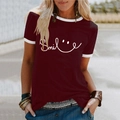 Detail of burgundy t-shirt with smile print, white trim on crew neck and sleeves - S / Burgundy