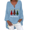 Hellblaue Langarm-Bluse mit V-Ausschnitt, Weihnachtsbaum-Print und lockerem Schnitt - S / Oberteile / Himmelblau (Drei Weihnachtsbäume)