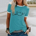 Detail of the smile graphic and contrasting white trim on a cyan casual short sleeve t-shirt - S / Blue