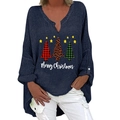 Damen V-Ausschnitt Langarm-Weihnachtsshirt in Dunkelblau mit festlichen Baummotiven - S / Oberteile / Marineblau (Drei Weihnachtsbäume)