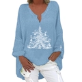 Damen Leinenhemd in Hellblau mit Weihnachtsbaum-Druck und V-Ausschnitt Design - S / Oberteile / Himmelblau (Linearer Weihnachtsbaum)