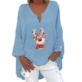 Damen Leinenbluse in Hellblau mit V-Ausschnitt und festlichem Rentier-Weihnachtsdruck - S / Oberteil (Cartoon Rentier) / Himmelblau