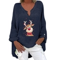 Dunkelblaues V-Ausschnitt Langarmshirt aus Baumwollleinen mit festlichem Rentierdruck - S / Oberteil (Cartoon Rentier) / Marineblau