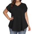 Plus size black V-neck t-shirt with petal short sleeves and curved hem for women - Solid Black