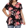 Women's V-neck plus size T-shirt with red rose print on black fabric and petal sleeves - Black With Red Flowers