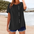 Close-up of black cotton-linen T-shirt featuring a single chest pocket and decorative buttons - S / Black