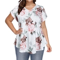 Women's V-neck loose floral T-shirt with pink peony print and petal short sleeves - White Floral Print