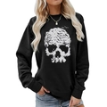 Close-up of the artistic white skull print on a black crewneck sweatshirt for women - S / Dead Wood Skeleton Birds Style (635) / Black (Style 635)