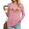 Pink Halloween long sleeve t-shirt featuring pumpkin and skeleton hand graphics for women - S / Skeleton Hands Holding Pumpkin Style (438) / Pink