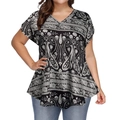 Plus size V-neck short sleeve top with black and white paisley floral print - Black Paisley