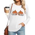 Detail of Halloween pumpkin print on long sleeve white gothic T-shirt for women - S / Skeleton Hands Holding Pumpkin Style (438) / White