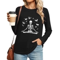 Elegant Gothic long sleeve T-shirt featuring skull and butterfly meditation print - S / Skeleton Meditation Butterfly Style (453) / Black