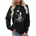 Women's black crewneck sweatshirt with skull watering plants print and drop shoulder - S / Skeleton Watering Plants Style (630) / Black (Style 630)