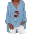 Hellblaues Leinenhemd mit V-Ausschnitt, Weihnachts-Weinglas-Print und langen Ärmeln - S / Top (Weihnachtsmütze Weinglas Druck - 186Z) / Himmelblau