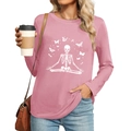 Close-up of pink long-sleeve tee featuring white meditation skeleton and butterfly print - S / Skeleton Meditation Butterfly Style (453) / Pink