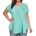 Detail of the unique ruffled petal sleeves on this mint green loose V-neck t-shirt for women - Light Green