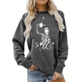 Detailed view of white skeleton gardener print on charcoal grey cotton sweatshirt - S / Skeleton Watering Plants Style (630) / Dark Gray (Style 630)