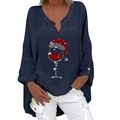Damen V-Ausschnitt Leinenhemd in Navyblau mit glitzerndem Weihnachts-Weinglas-Pailletten - S / Top (Weihnachtsmütze Weinglas Druck - 186Z) / Marineblau