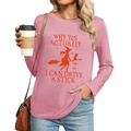 Detail of long sleeve Halloween top with witch and broom print on dusty pink fabric - S / Witch Riding Broomstick Style (482) / Pink