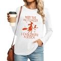 Close-up of white long sleeve Halloween T-shirt with red witch and cat graphic print - S / Witch Riding Broomstick Style (482) / White
