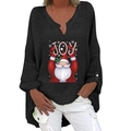 Damen Leinenhemd in Schwarz mit V-Ausschnitt und festlichem Weihnachts-JOY-Druck - S / Top (Weihnachtsmann und JOY Druck - 187Z) / Schwarz