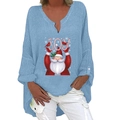 Hellblaues Leinenhemd mit V-Ausschnitt, Weihnachtsmann JOY-Aufdruck und Langarm - S / Top (Weihnachtsmann und JOY Druck - 187Z) / Himmelblau