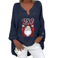 Dunkelblaues Langarmshirt mit V-Ausschnitt, Waffelstrick und Weihnachts-Joy-Aufdruck - S / Oberteil (Weihnachtsmann und JOY-187Z) / Marineblau