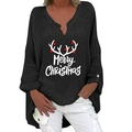 Schwarzes Damen Langarmshirt mit V-Ausschnitt und weihnachtlichem Rentier-Aufdruck - S / Oberteil (Geweih und Merry Christmas-200X) / Schwarz