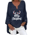 Dunkelblaue V-Ausschnitt Weihnachtsbluse mit 'Merry Christmas' Aufdruck und Geweih - S / Oberteil (Geweih und Merry Christmas-200X) / Marineblau