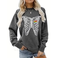 Detail of dark grey crewneck sweatshirt featuring white rib cage print and rainbow heart - S / Rib Cage Rainbow Heart Style (634) / Dark Gray (Style 634)