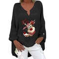 Dunkelgraues Damen V-Ausschnitt Langarmshirt mit weihnachtlichem Rentier-Print - S / Oberteil (Good Morning Rentier-466Z) / Schwarz