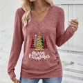 Detail of V-neck long sleeve top with Christmas tree print and decorative buttons - Watermelon red