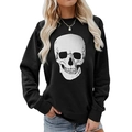 Detailed view of the large white skull print on a black crewneck sweatshirt for women - S / Large Realistic Skeleton Style (636) / Black (Style 636)