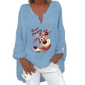 Hellblaue V-Ausschnitt Leinenbluse mit Weihnachts-Rentier-Druck und Good Morning Text - S / Oberteil (Good Morning Rentier-466Z) / Himmelblau