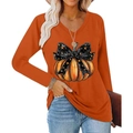 T-shirt donna scollo a V maniche lunghe arancione con stampa zucca di Halloween - S / Arancione