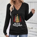Women's V-neck Christmas long sleeve top with leopard print trees and side button detail - Black