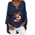 Damen V-Ausschnitt Langarmhemd aus Waffelstrick in Navy mit weihnachtlichem Rentierdruck - S / Oberteile / Marineblau (Rentier Good Morning)