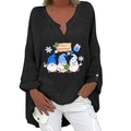 Damen V-Ausschnitt Langarmshirt mit Weihnachts-Zwergen-Druck in Schwarz Übergröße - S / Oberteile / Schwarz (Blau getönte Gnome)